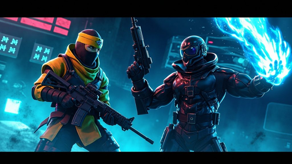 Illustration: A video game promotional scene featuring a masked warrior in yellow and black ninja attire holding a futuristic rifle alongside a muscular man in a black combat suit emitting glowing blue energy from his raised hand, set against a dimly lit industria