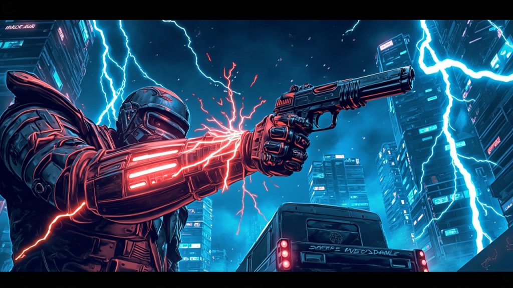 Illustration: An illustrated video game cover art scene depicting a glowing cybernetic gauntlet crackling with electrical energy and a held pistol in the foreground, set against a stylized blue nighttime cityscape with lightning streaks.