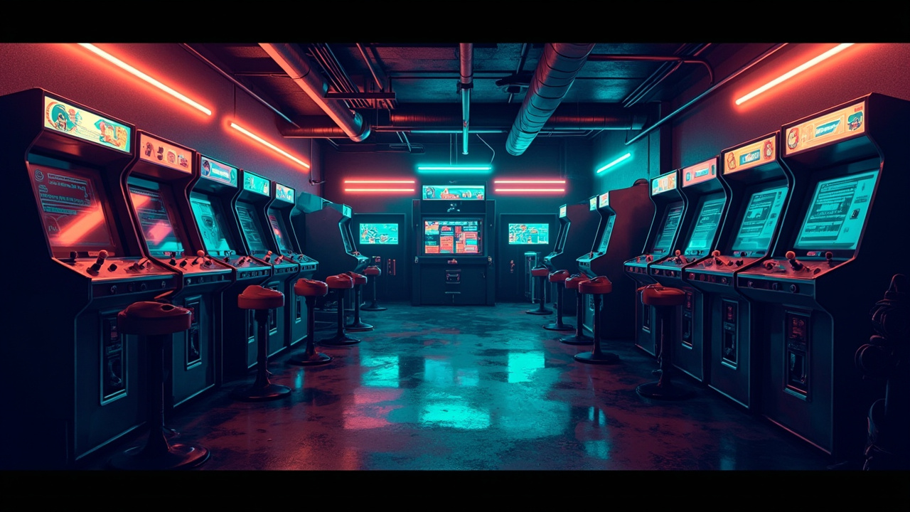 Illustration of a neon-lit retro arcade interior