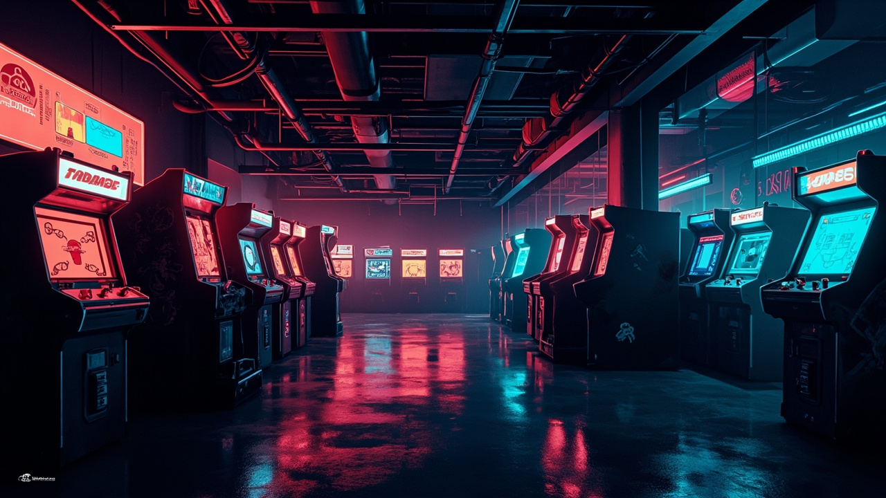 Illustration of a neon-lit retro arcade interior