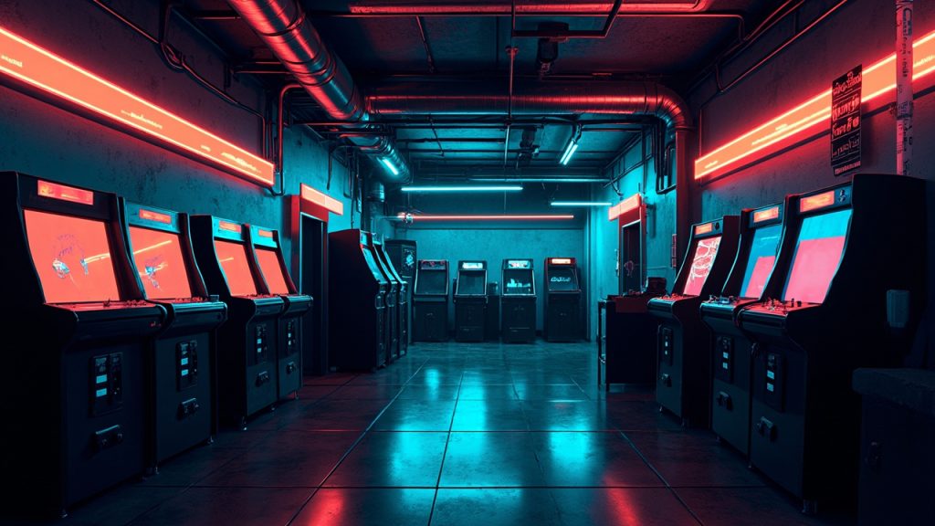 Illustration of a neon-lit retro arcade interior