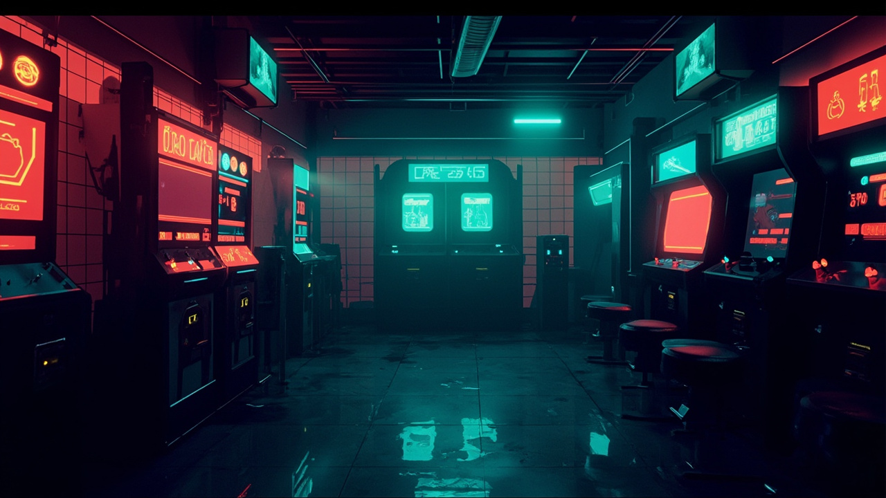 Illustration of a neon-lit retro arcade interior