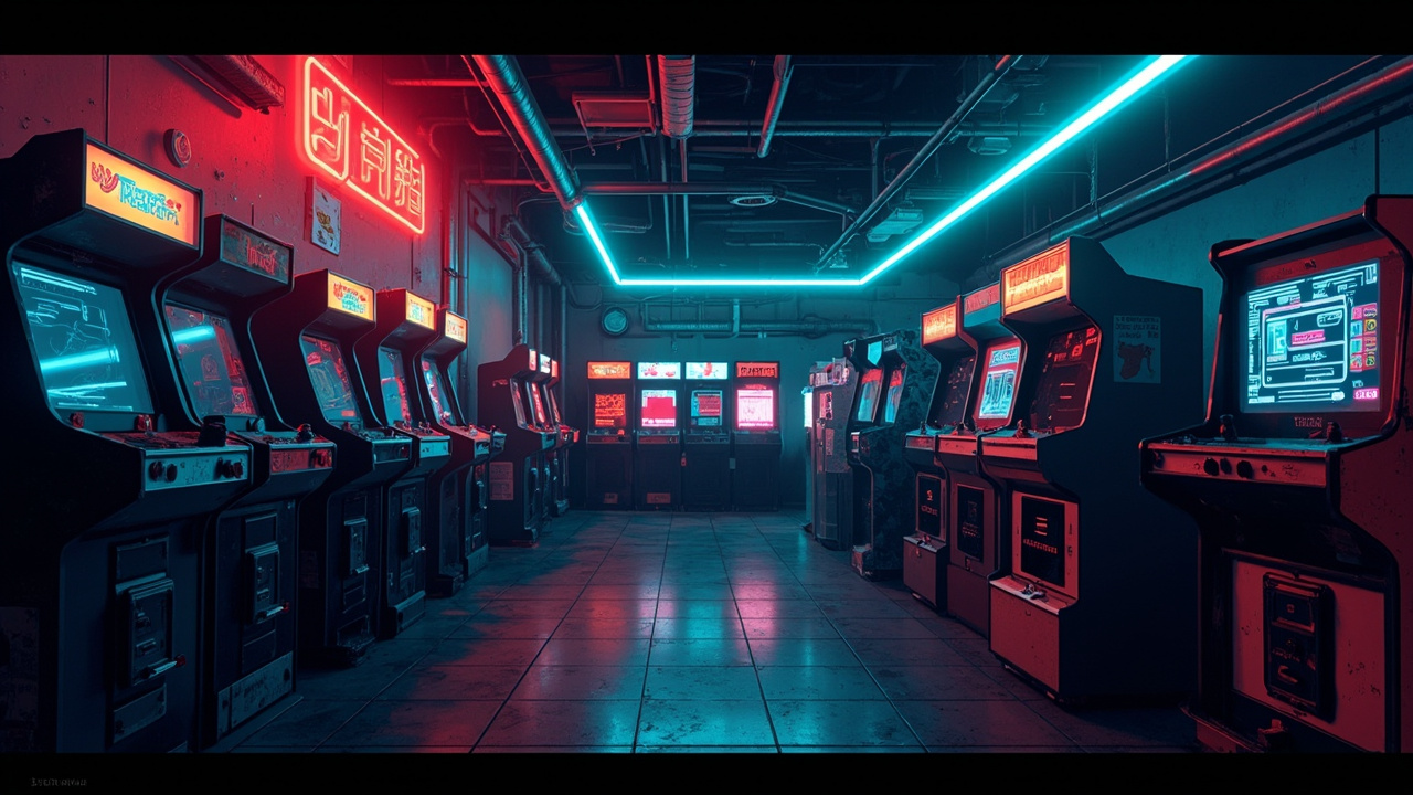 Illustration of a neon-lit retro arcade interior