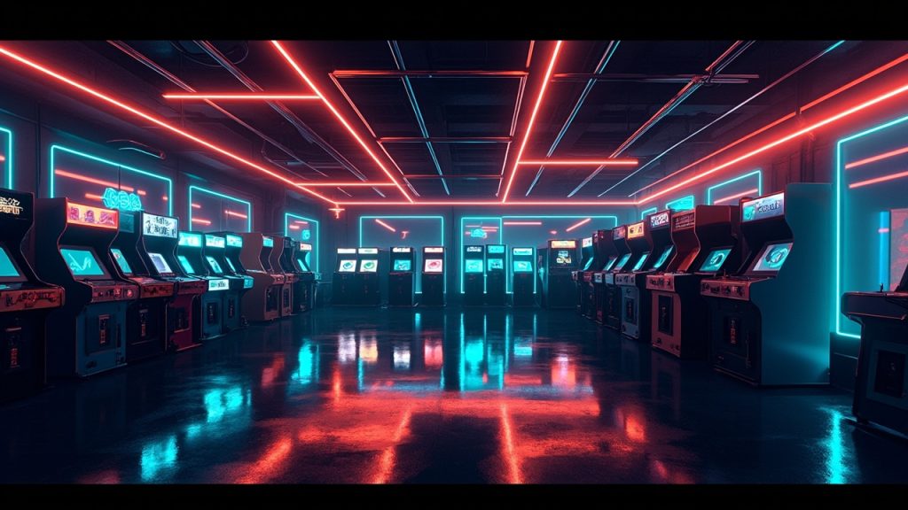 Illustration of a neon-lit retro arcade interior