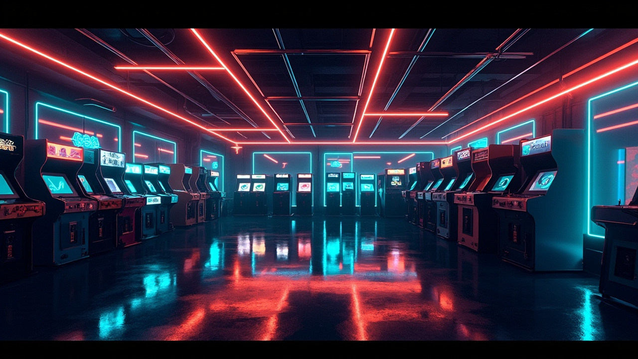 Illustration of a neon-lit retro arcade interior