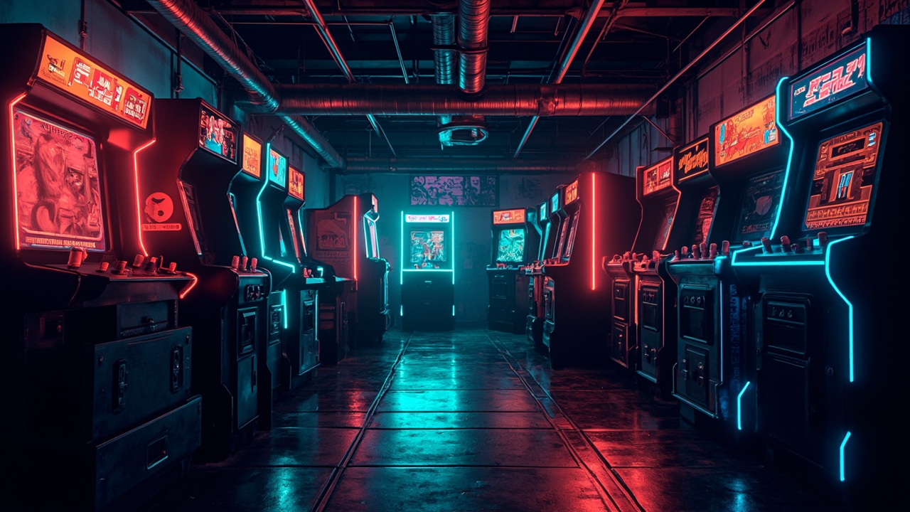 Illustration of a neon-lit retro arcade interior