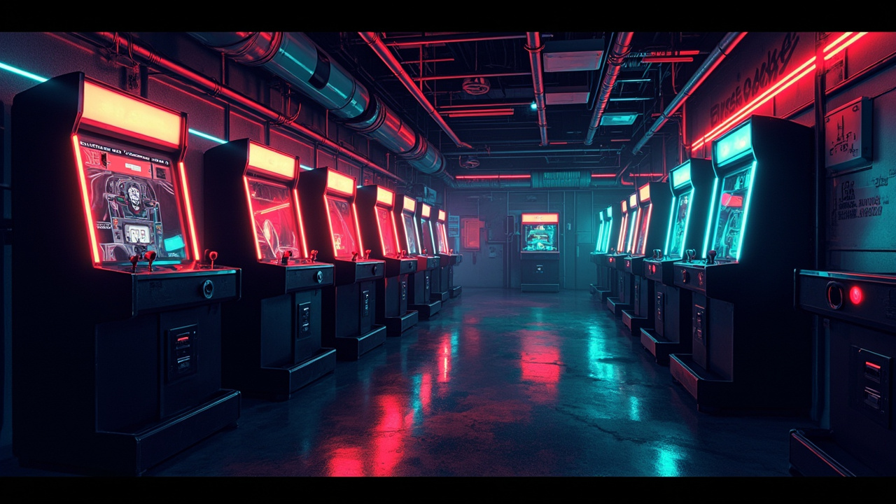 Illustration of a neon-lit retro arcade interior
