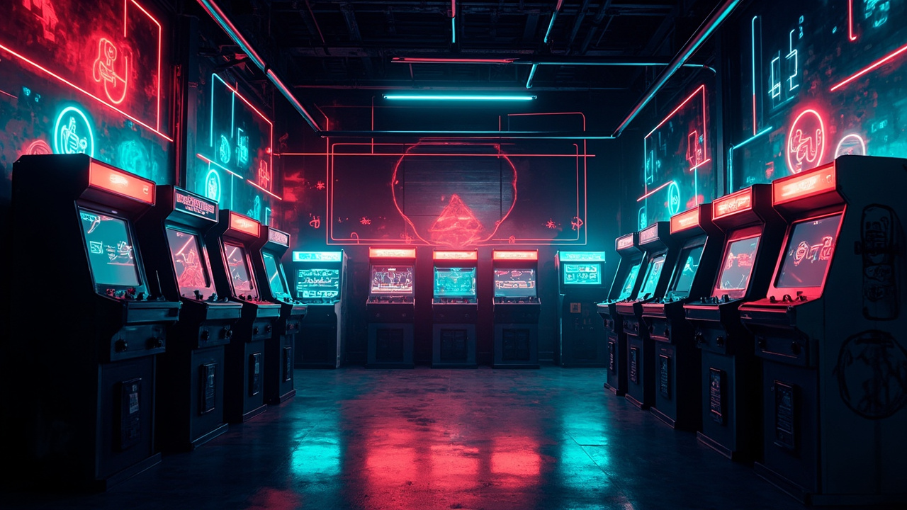 Illustration of a neon-lit retro arcade interior