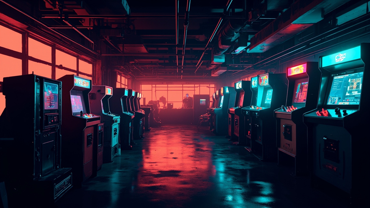 Illustration of a neon-lit retro arcade interior