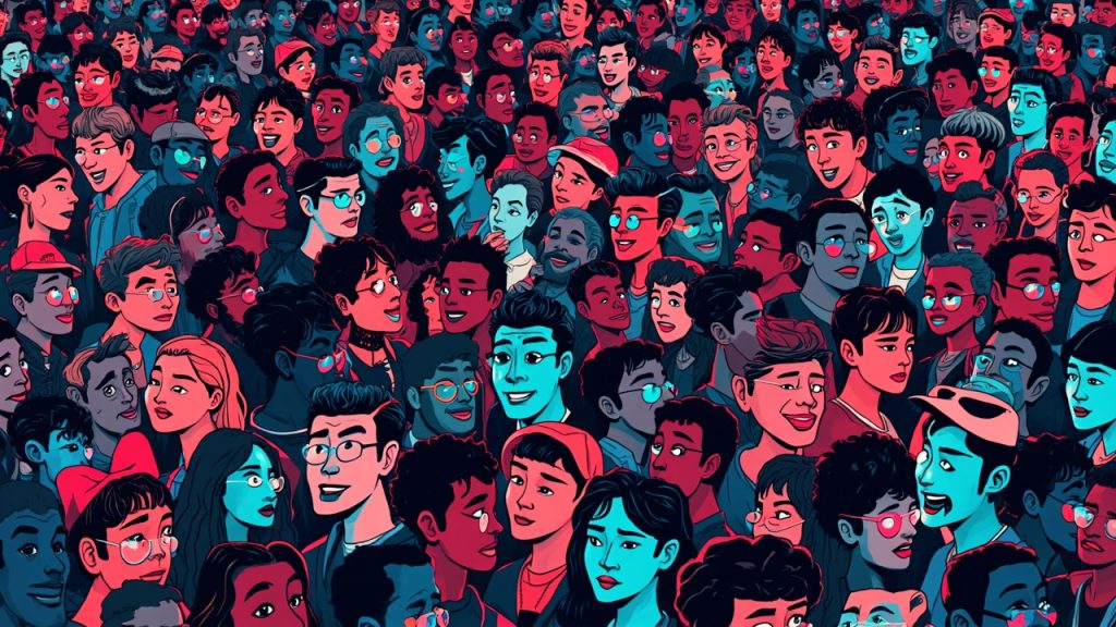 Illustration: A vibrant, densely packed digital illustration showcasing a colorful crowd of diverse cartoon-style characters with varied hair colors, expressions, and outfits clustered together.