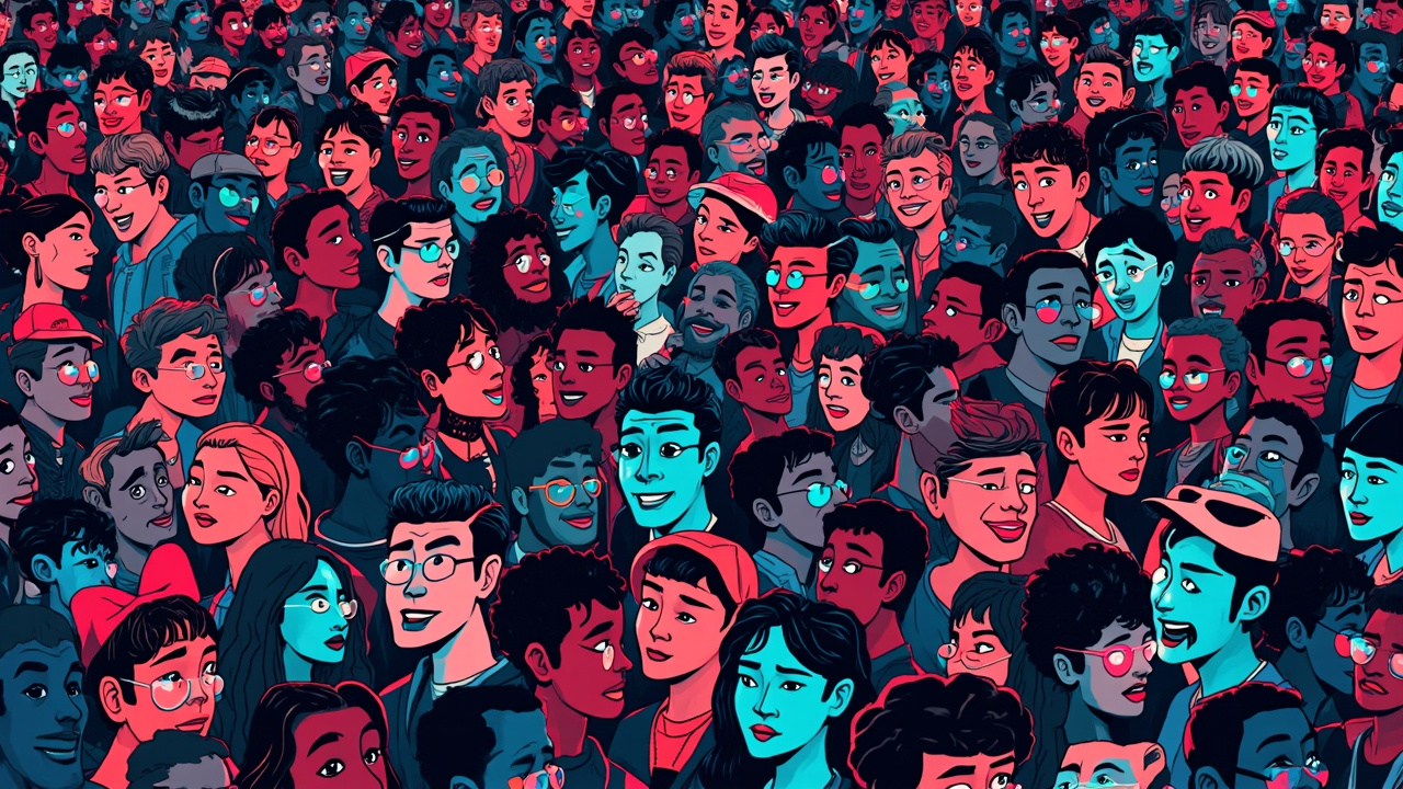 Illustration: A vibrant, densely packed digital illustration showcasing a colorful crowd of diverse cartoon-style characters with varied hair colors, expressions, and outfits clustered together.