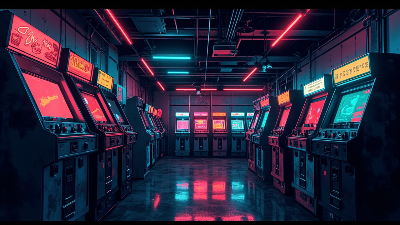 Illustration of a neon-lit retro arcade interior