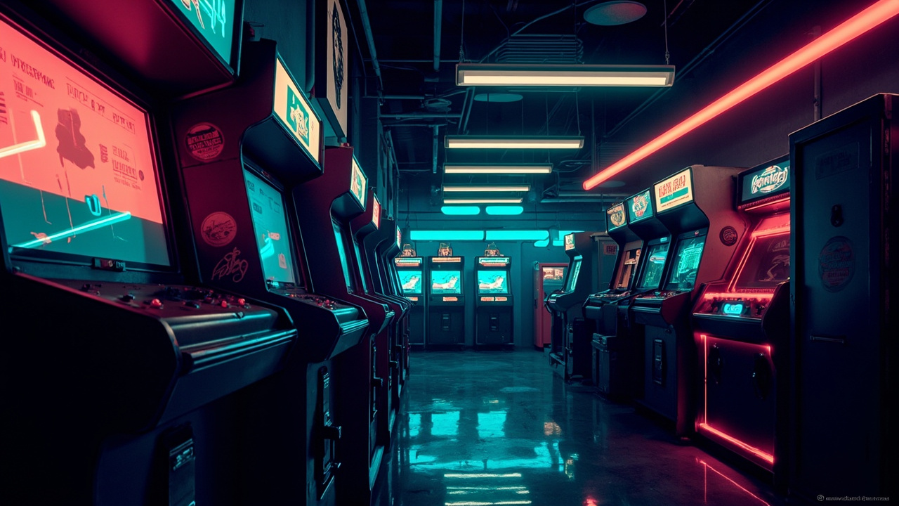 Illustration of a neon-lit retro arcade interior