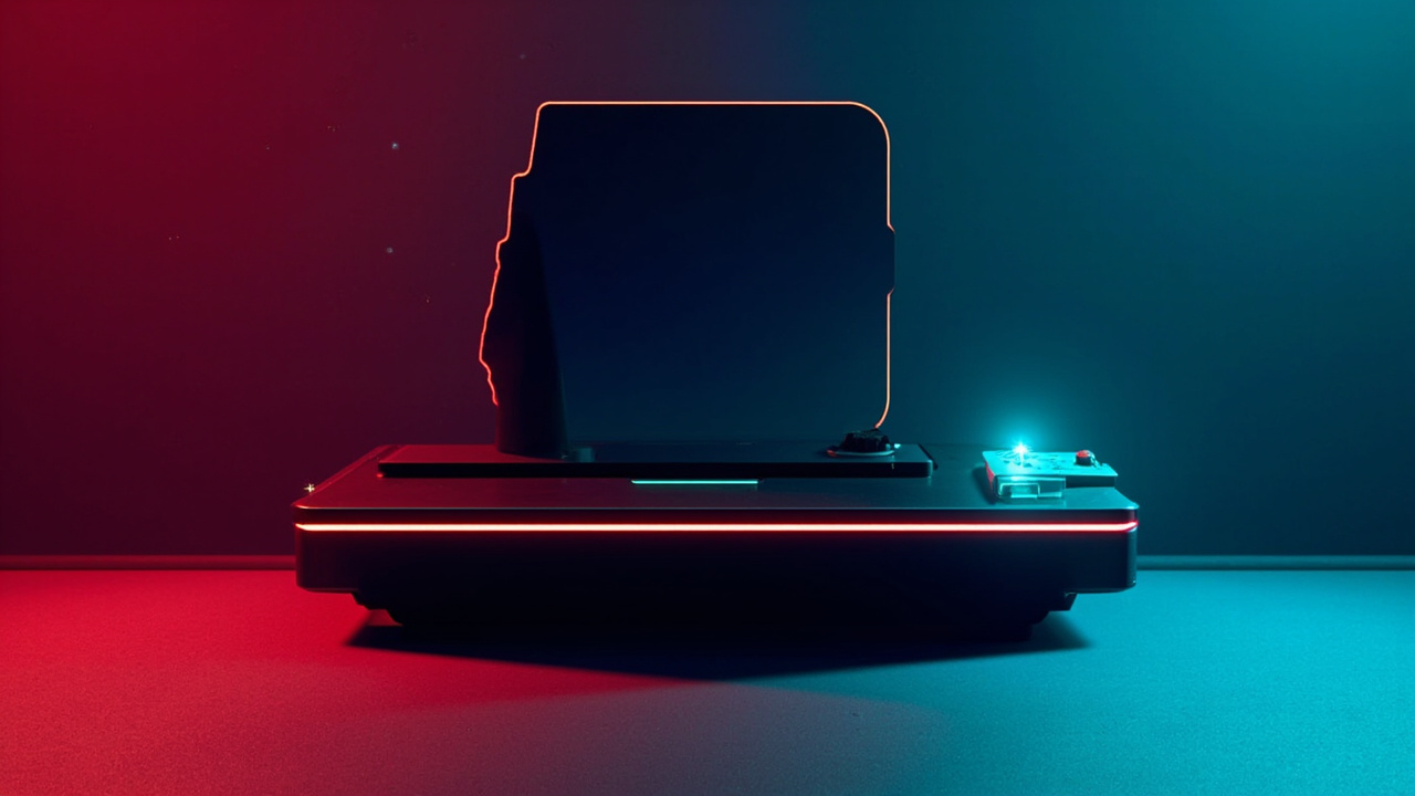 Illustration of retro gaming hardware in synthwave style