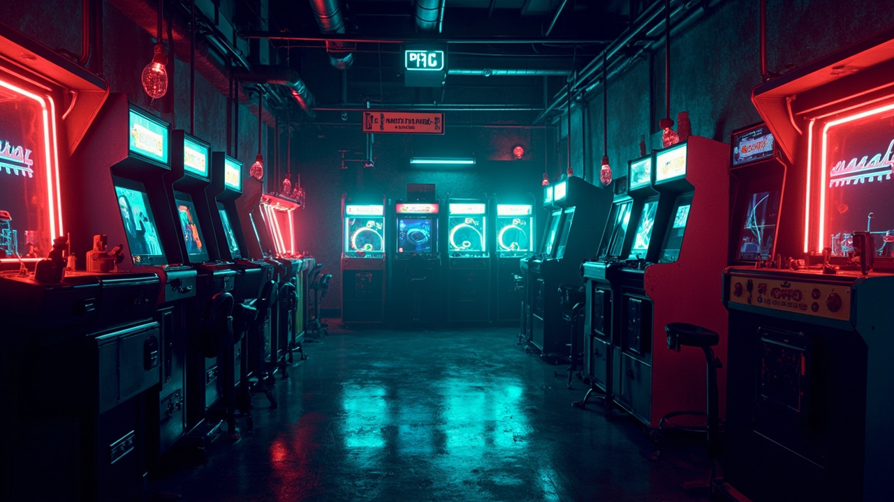 Illustration of a neon-lit retro arcade interior