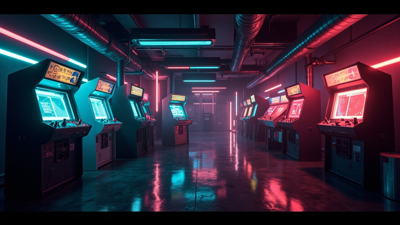 Illustration of a neon-lit retro arcade interior