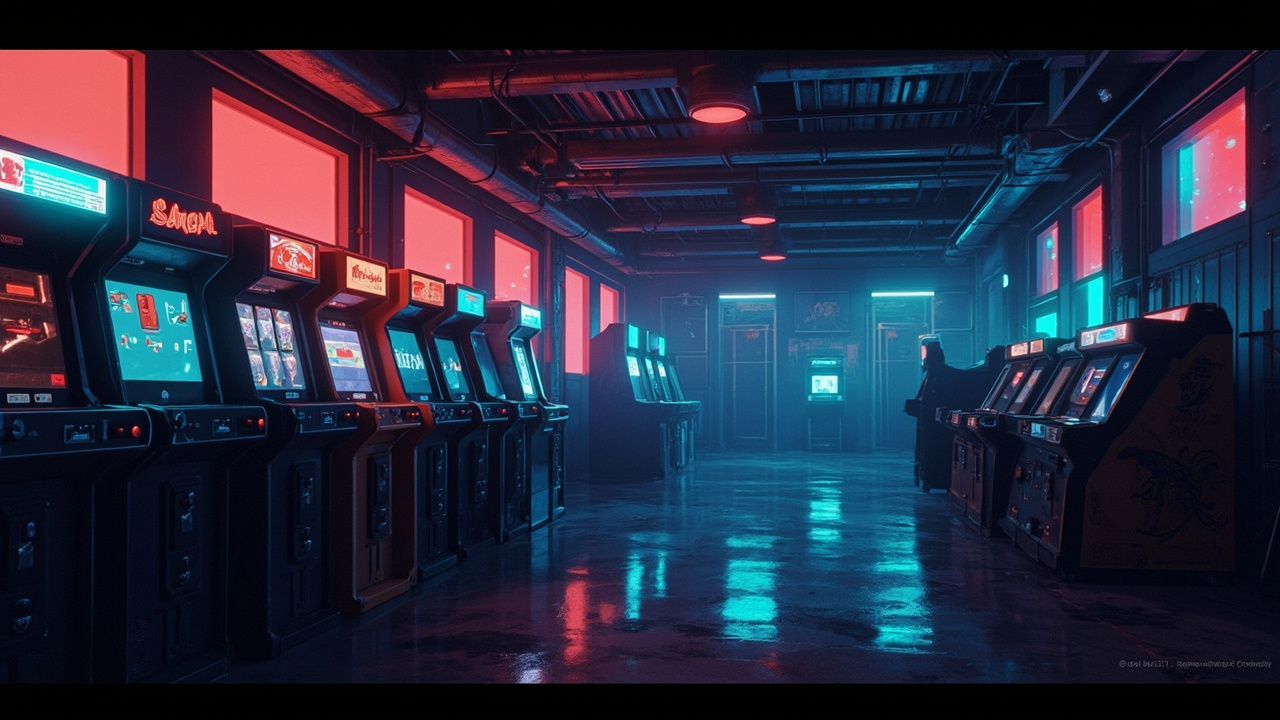 Illustration of a neon-lit retro arcade interior