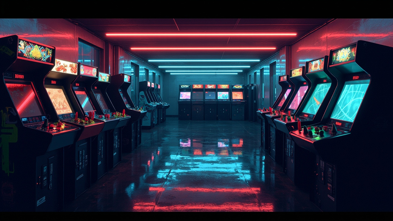 Illustration of a neon-lit retro arcade interior