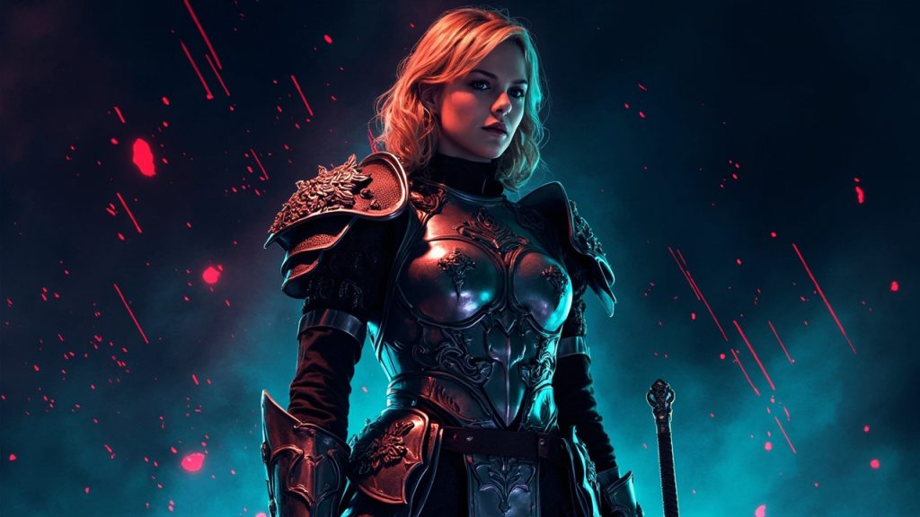 Illustration: A blonde-haired figure clad in ornate silver chest plate armor with decorated shoulder guards and a belt stands holding a sword with an embellished hilt against a dark, abstractly lit background.