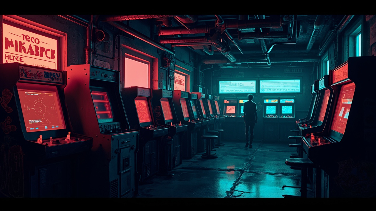 Illustration of a neon-lit retro arcade interior