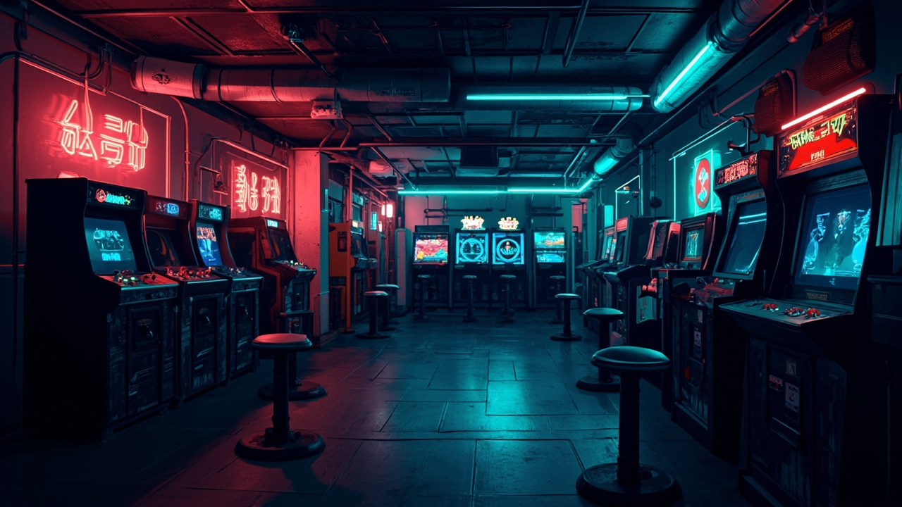 Illustration of a neon-lit retro arcade interior