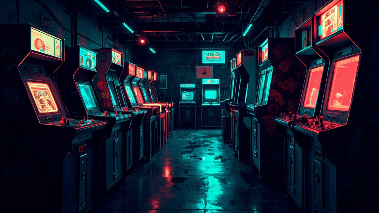 Illustration of a neon-lit retro arcade interior