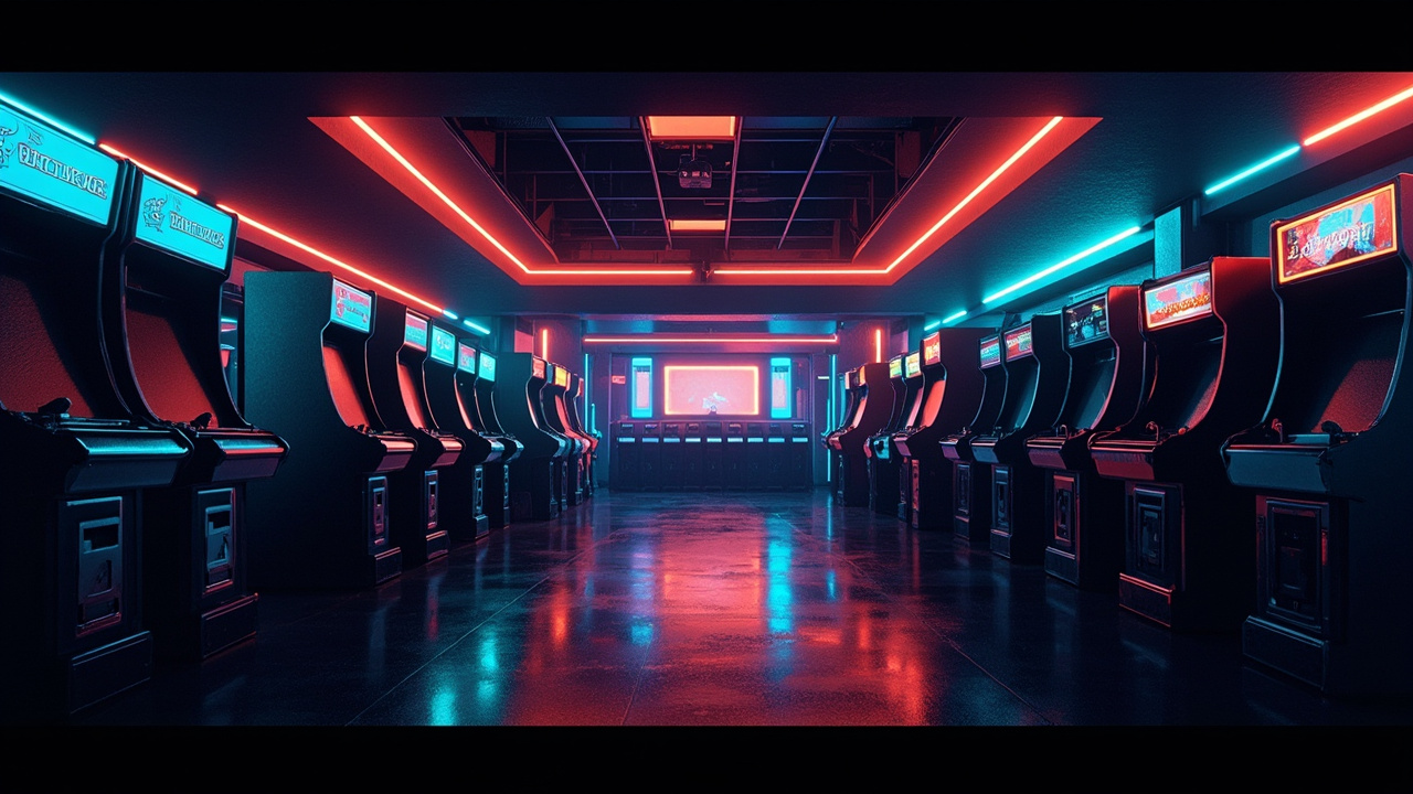 Illustration of a neon-lit retro arcade interior