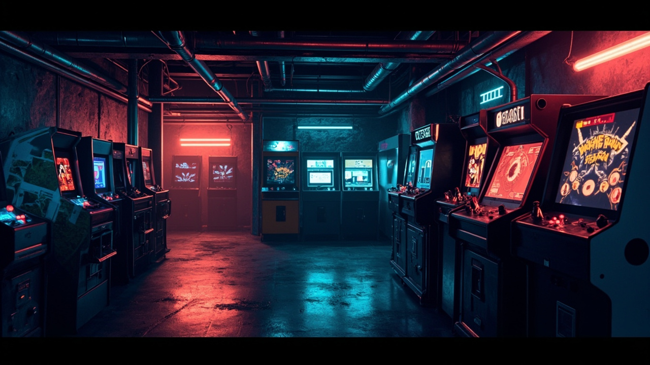 Illustration of a neon-lit retro arcade interior
