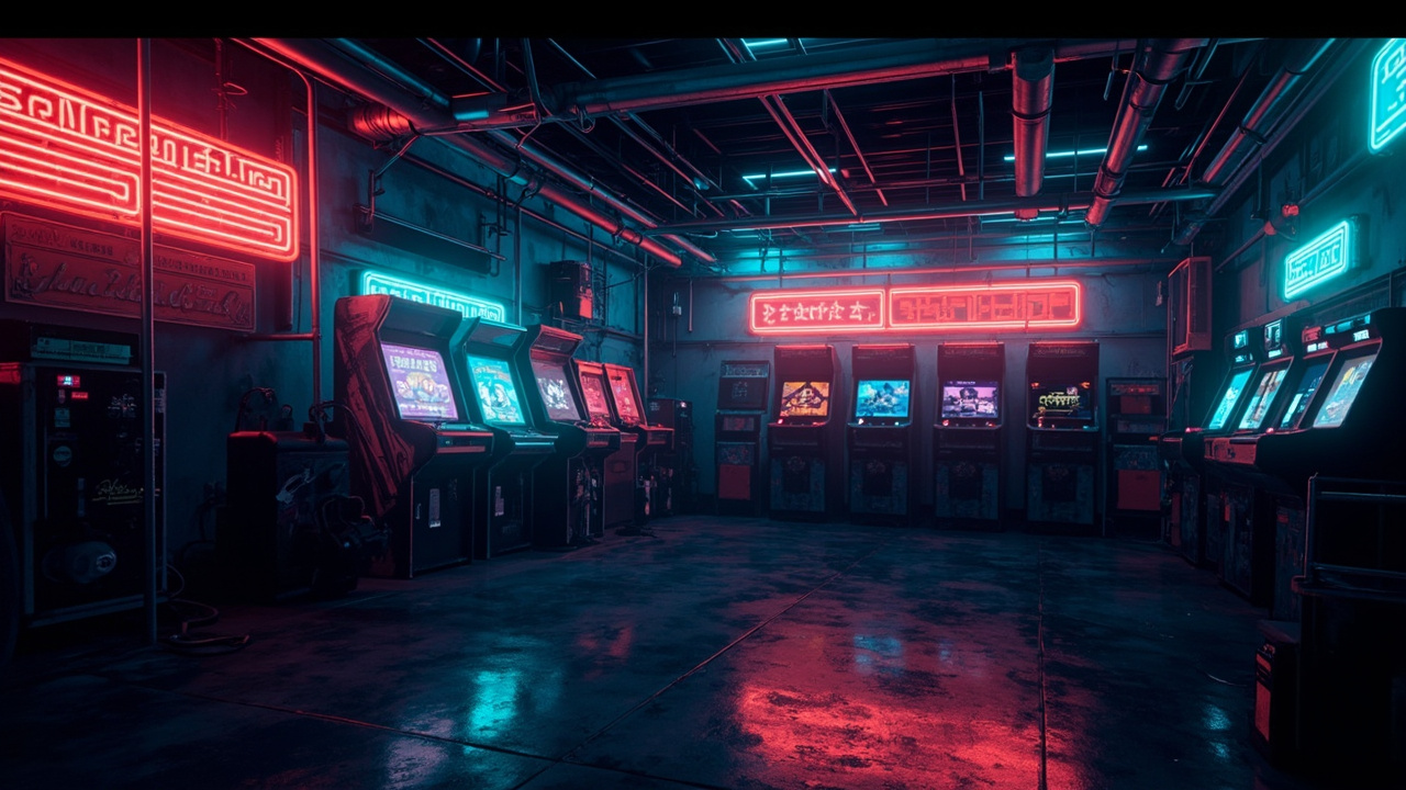Illustration of a neon-lit retro arcade interior