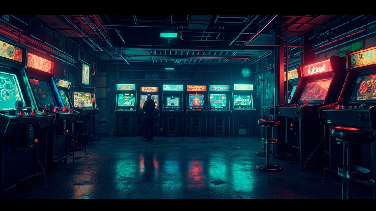 Illustration of a neon-lit retro arcade interior