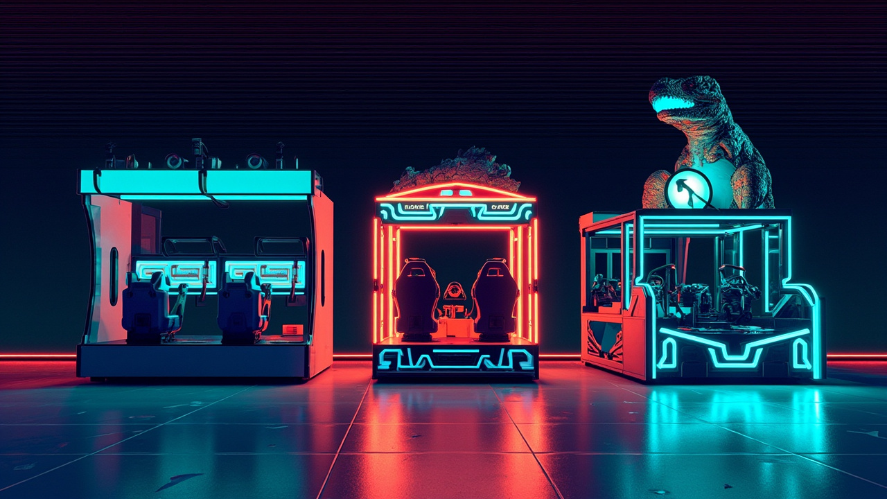 Illustration: Three brightly lit arcade game cabinets stand side by side, including a blue seat-based virtual reality setup, a row of racing simulators with bucket seats and steering wheels, and a towering machine featuring a large sculpted dinosaur on top.