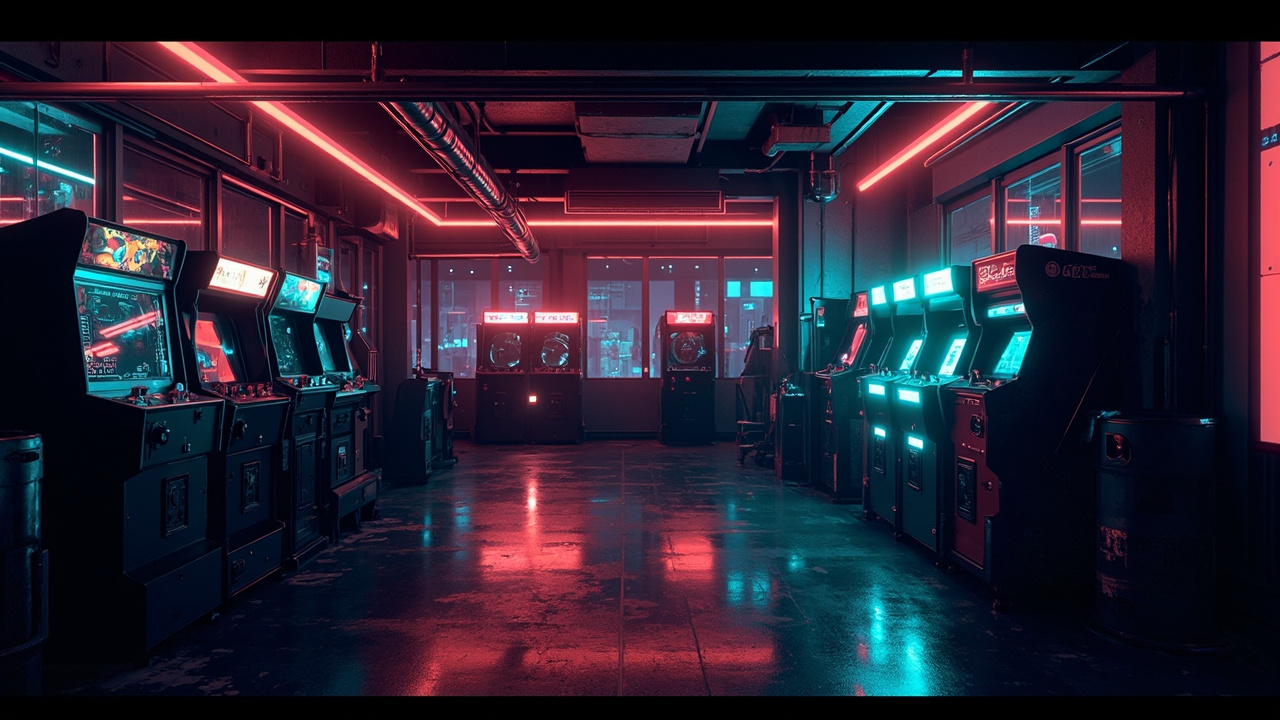 Illustration of a neon-lit retro arcade interior