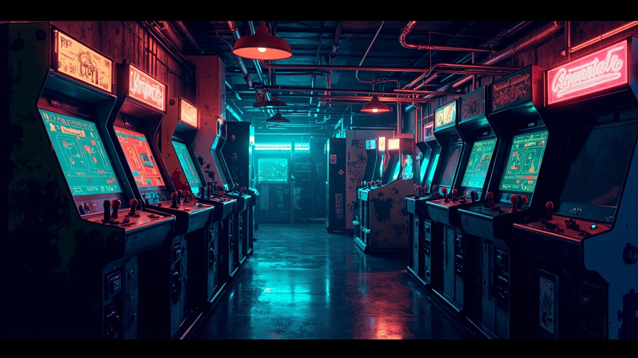 Illustration of a neon-lit retro arcade interior