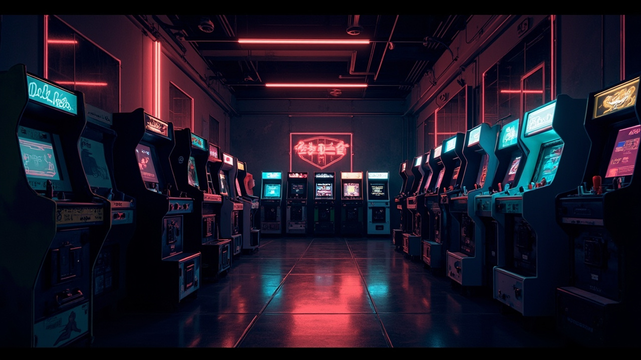 Illustration of a neon-lit retro arcade interior