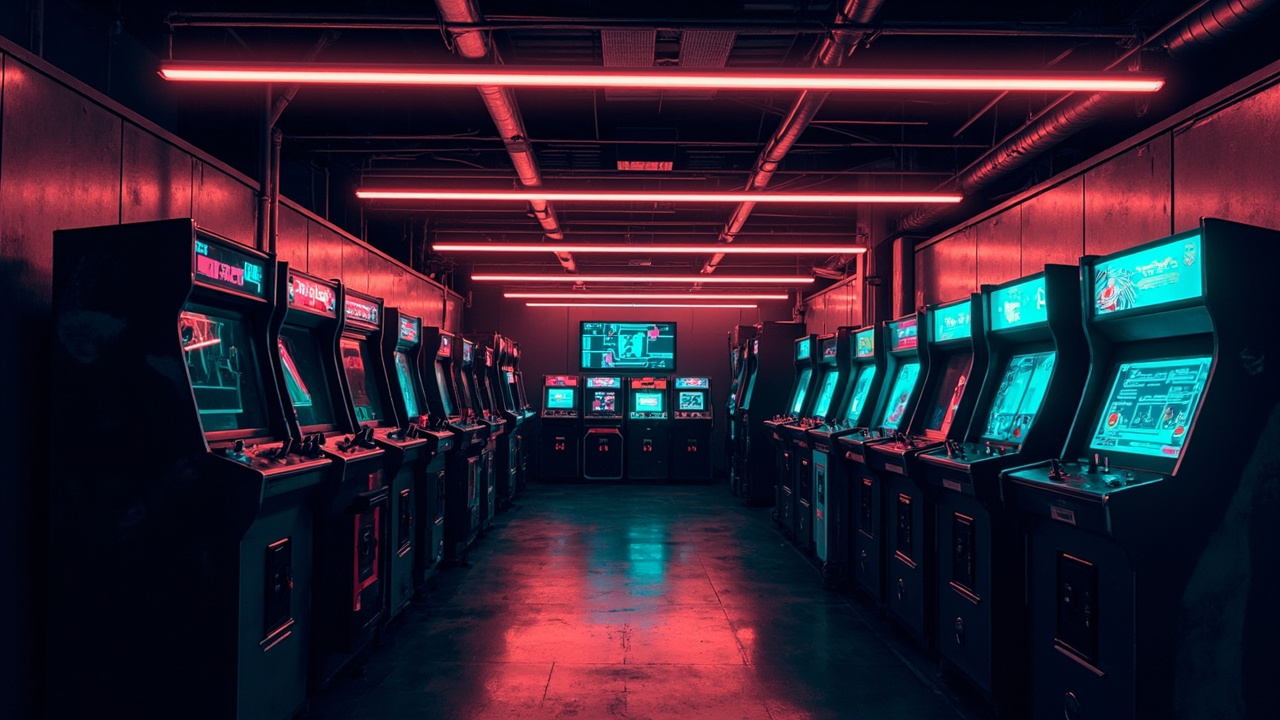 Illustration of a neon-lit retro arcade interior