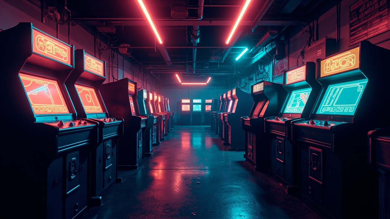 Illustration of a neon-lit retro arcade interior
