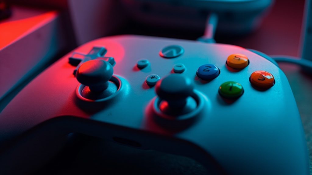 Illustration: A close-up view of a light gray video game controller featuring a directional pad on the left, central start and select buttons, and a cluster of colored shape buttons on the right.