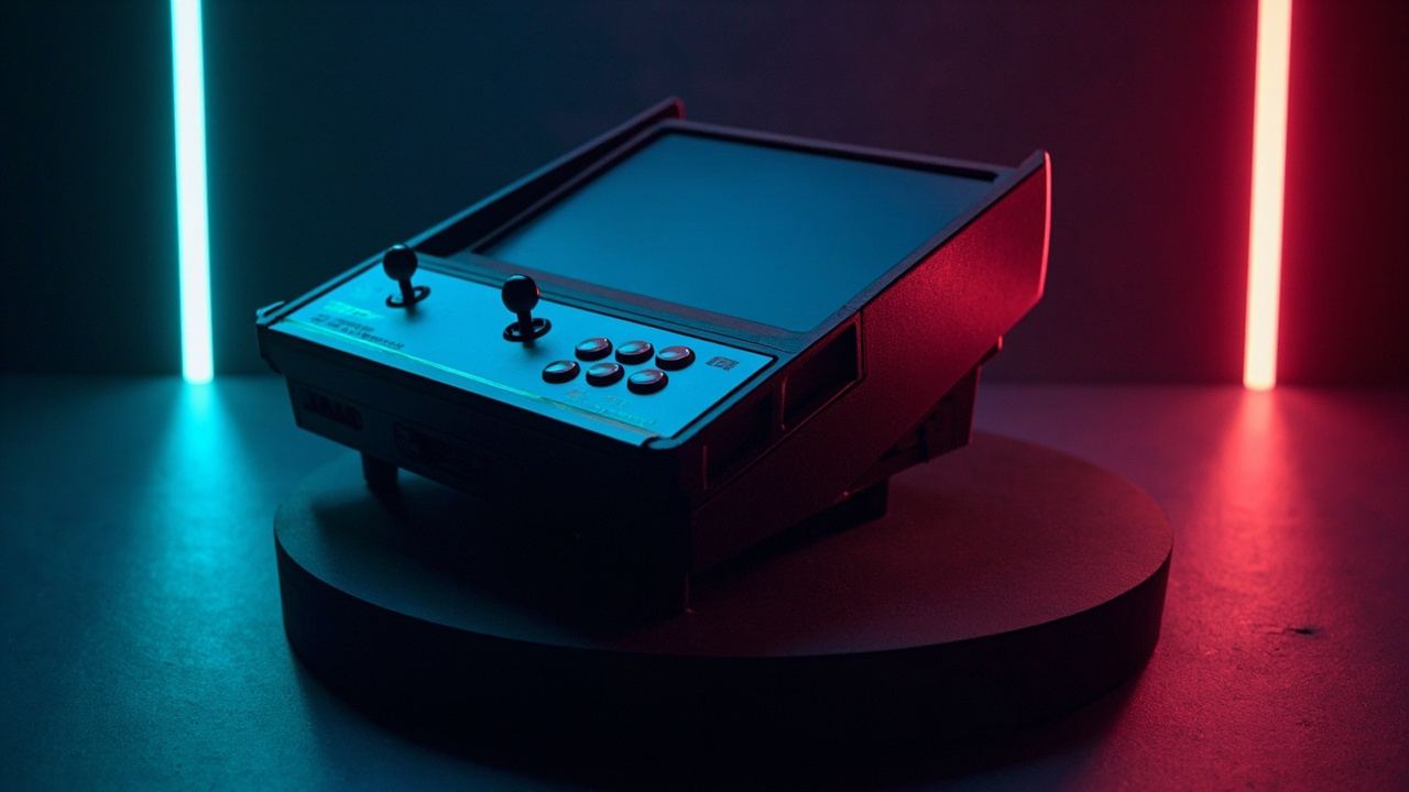 Illustration of retro gaming hardware in synthwave style