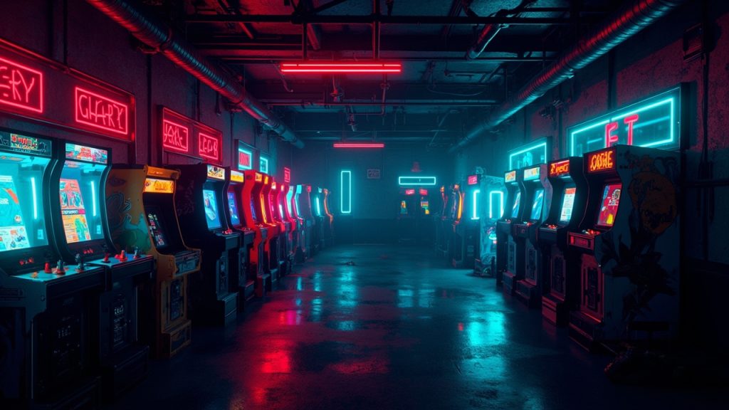 Illustration of a neon-lit retro arcade interior