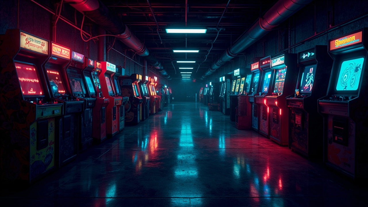 Illustration of a neon-lit retro arcade interior