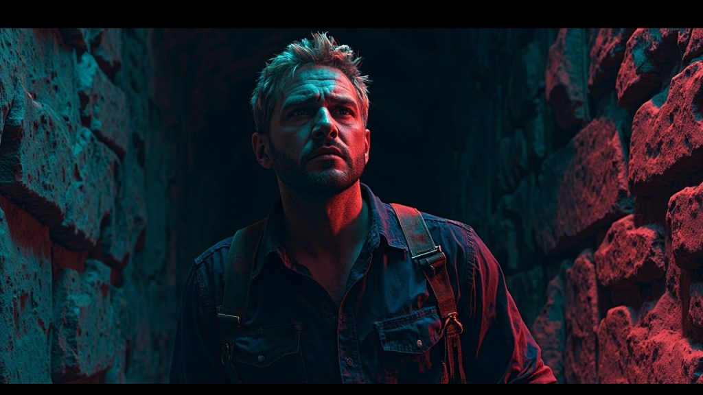 Illustration: A blonde-haired man in a dark, worn shirt with shoulder straps emerges from a dark stone-walled passageway, his face tense and dirt-streaked as he looks upward in a dimly lit, earthy cave-like environment.