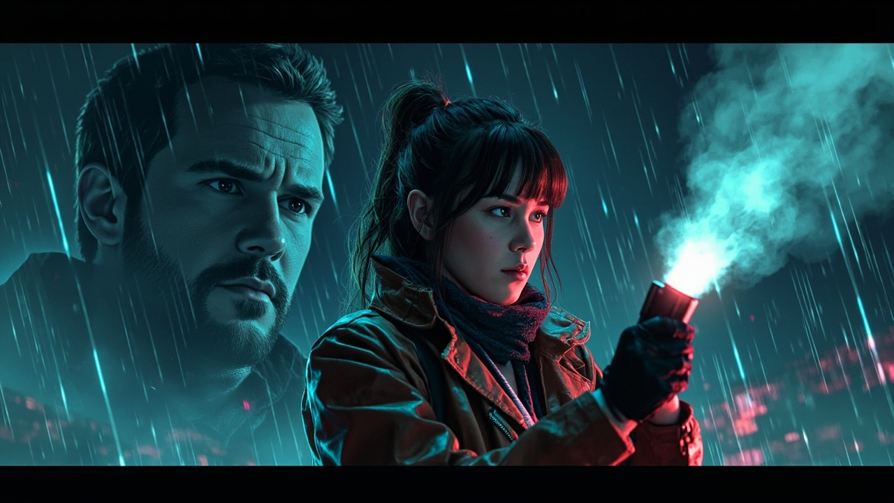 Illustration: A digital artwork depicting a young woman in a brown leather jacket holding a glowing flashlight while standing in heavy rain, with a larger faded monochromatic portrait of a man superimposed in the background.
