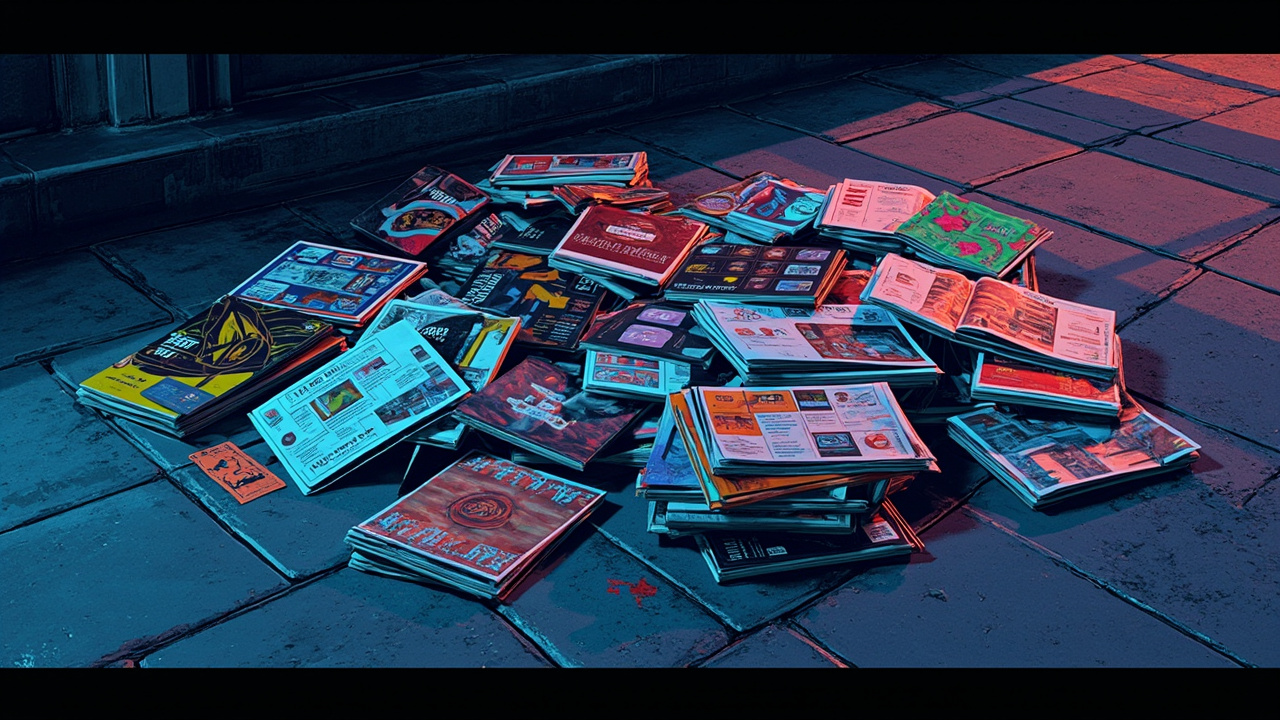 Illustration: A scattered pile of colorful video game strategy guides and magazines rests on a gray stone pavement.