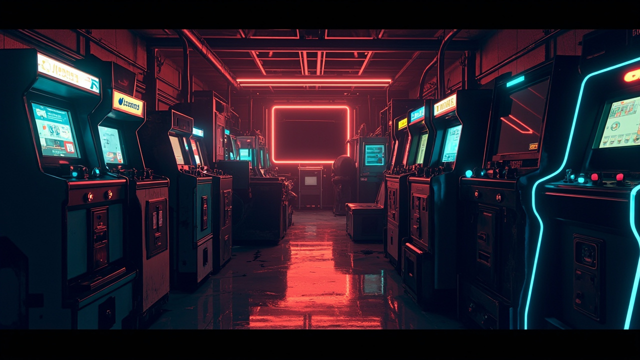 Illustration of a neon-lit retro arcade interior
