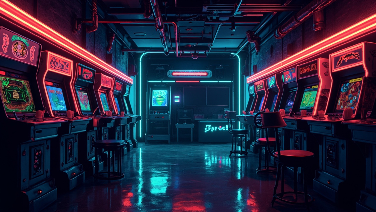 Illustration of a neon-lit retro arcade interior
