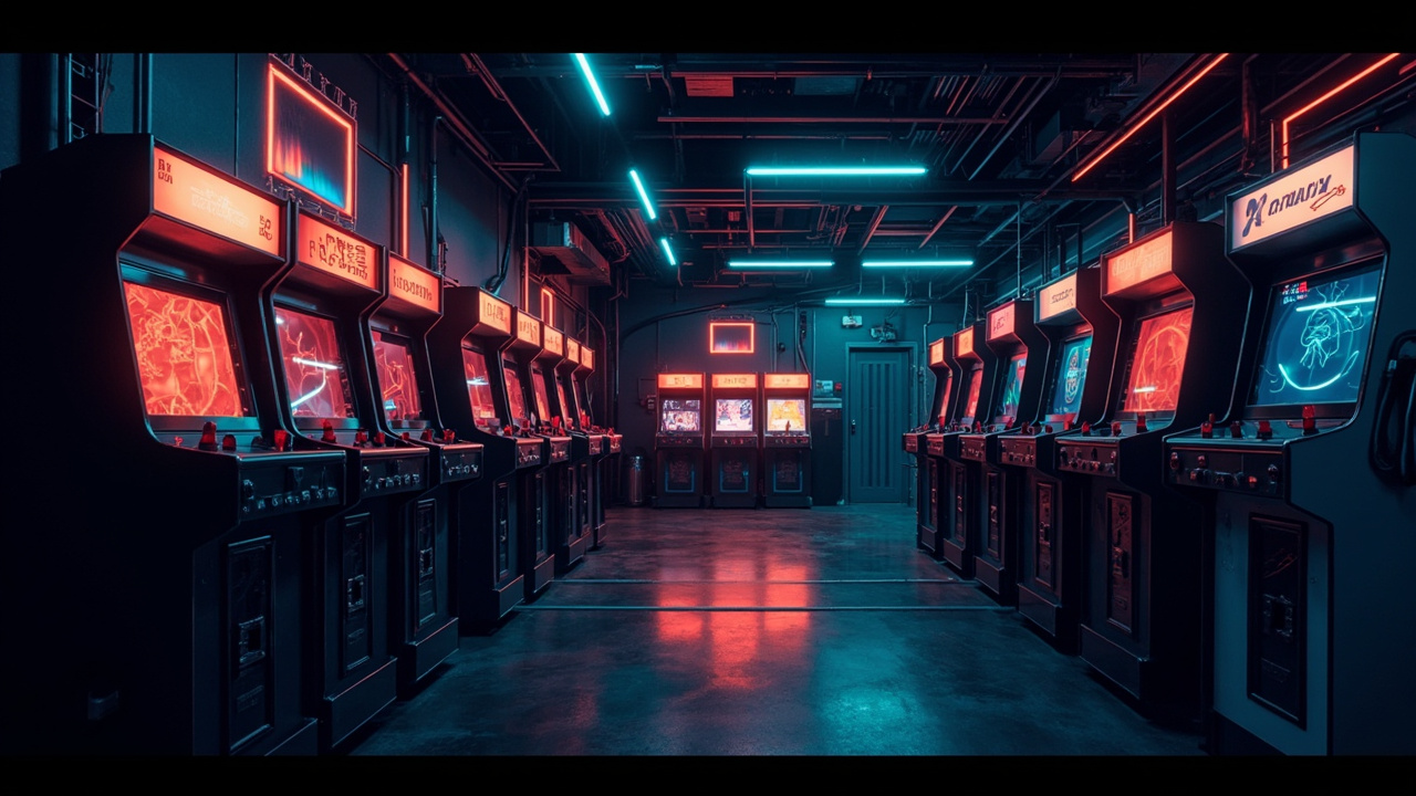 Illustration of a neon-lit retro arcade interior
