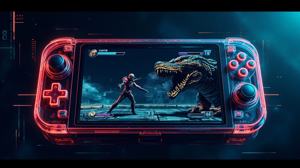 Illustration: A transparent handheld gaming console features a directional pad, dual analog sticks, and face buttons. Its central screen displays a video game depicting a humanoid figure fighting a large, open-mouthed reptilian creature, along with health bars and