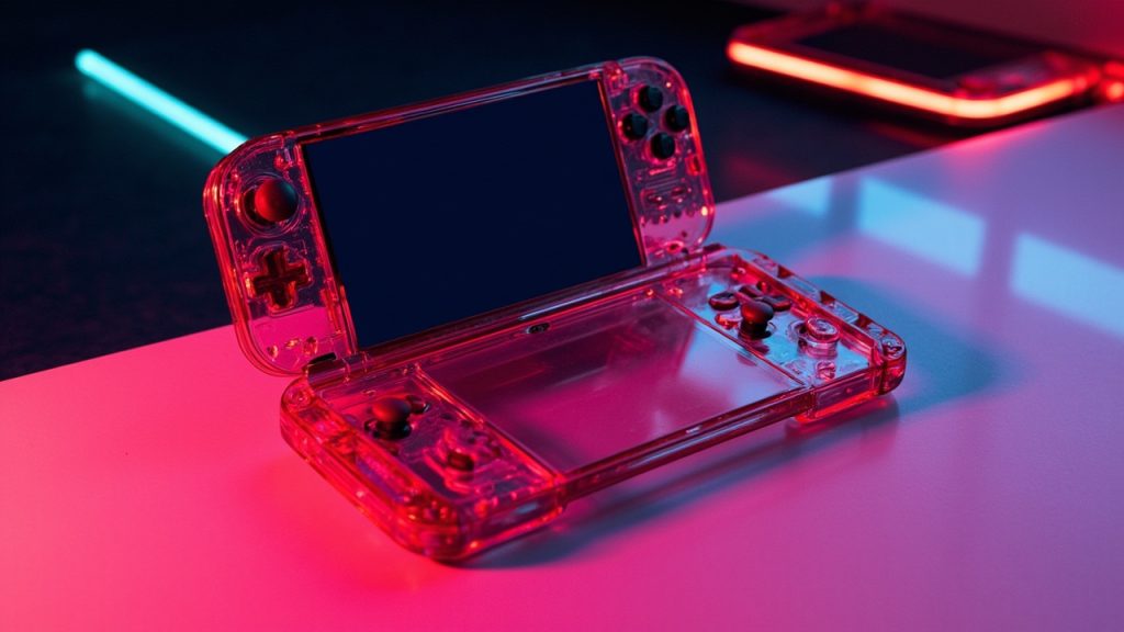 Illustration: A translucent red handheld gaming console with dual analog sticks, a directional pad, and face buttons is displayed on a pink surface alongside a second similar unit shown from the back.