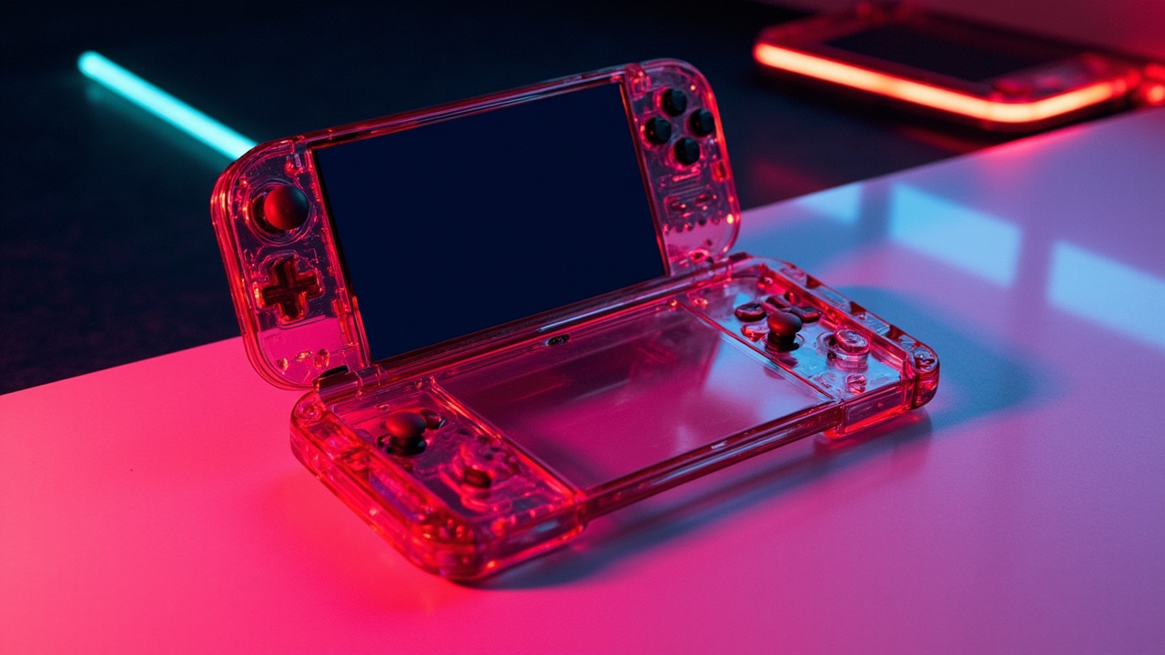 Illustration: A translucent red handheld gaming console with dual analog sticks, a directional pad, and face buttons is displayed on a pink surface alongside a second similar unit shown from the back.
