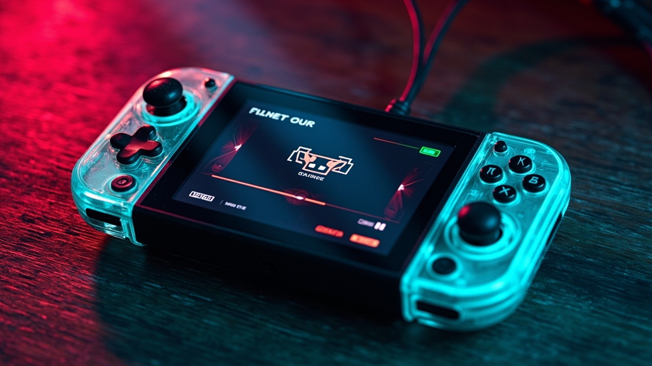 Illustration: A transparent teal handheld gaming console with dual analog sticks, a directional pad, face buttons, and a central screen displaying a menu, resting on a wooden surface.